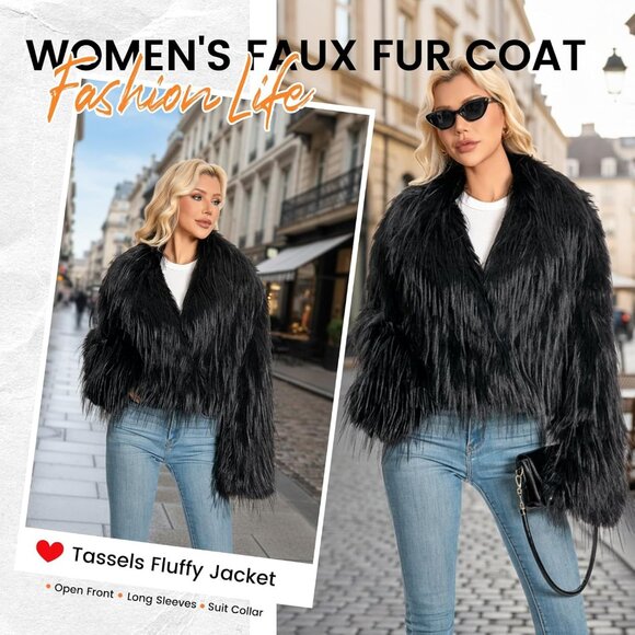 Women's Black Plus Size Faux Fur Coat Cropped Fluffy Fuzzy Jacket Fall Coat - Picture 3 of 4